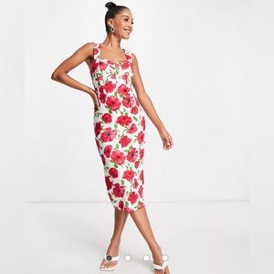 🌺ASOS DESIGN sweetheart cupped ruched midi body-conscious dress in floral print